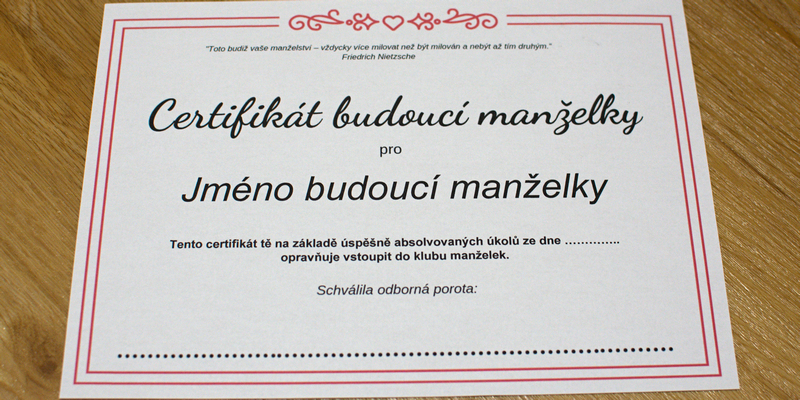 certifikát manželky pro nevěstu za splněné úkoly