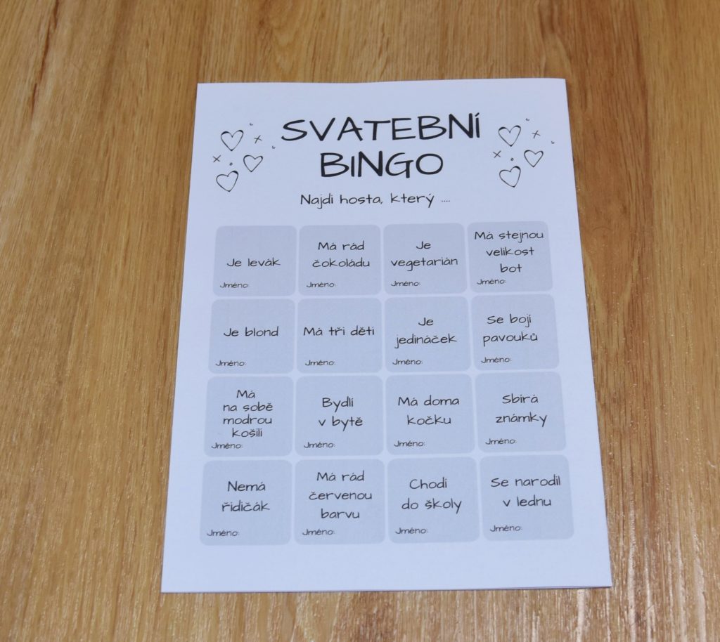 hrací karta pro svatební bingo 